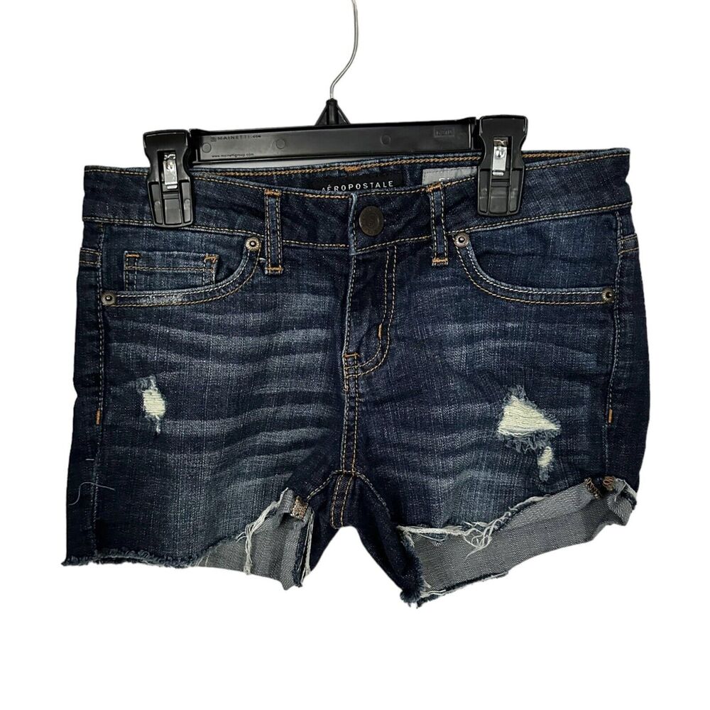 Aeropostale Juniors Sz 0 High Rise Shorty Distressed Denim Jean Shorts Dark Wash